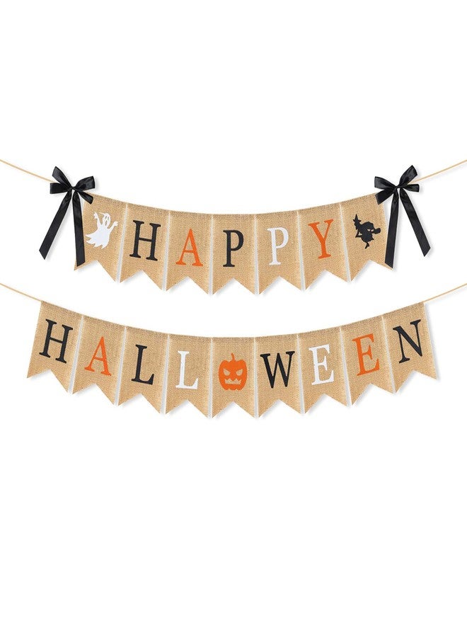 LINGPAR Highly Recommended Happy Halloween Burlap Banner - Multicolored Design Pumpkin Witch Halloween Party Decorations White Black Orange - Image 2