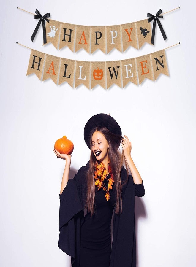 LINGPAR Highly Recommended Happy Halloween Burlap Banner - Multicolored Design Pumpkin Witch Halloween Party Decorations White Black Orange - Image 3