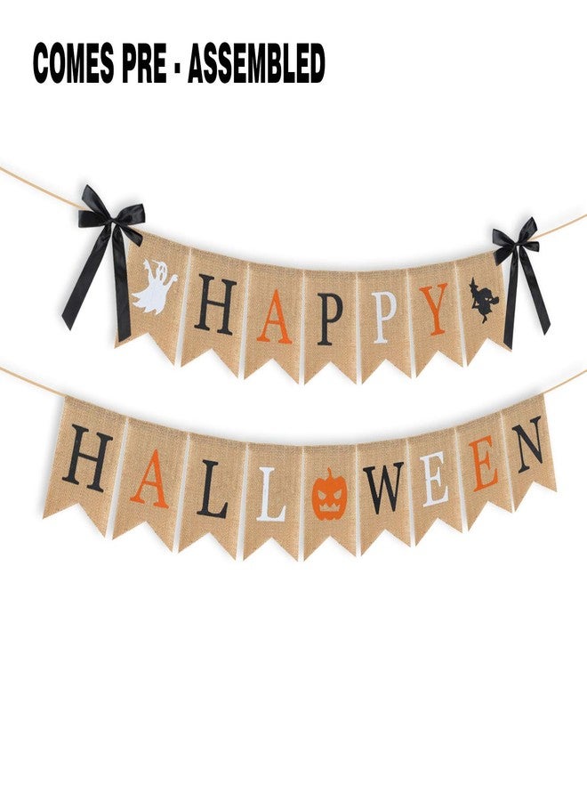LINGPAR Highly Recommended Happy Halloween Burlap Banner - Multicolored Design Pumpkin Witch Halloween Party Decorations White Black Orange - Image 5