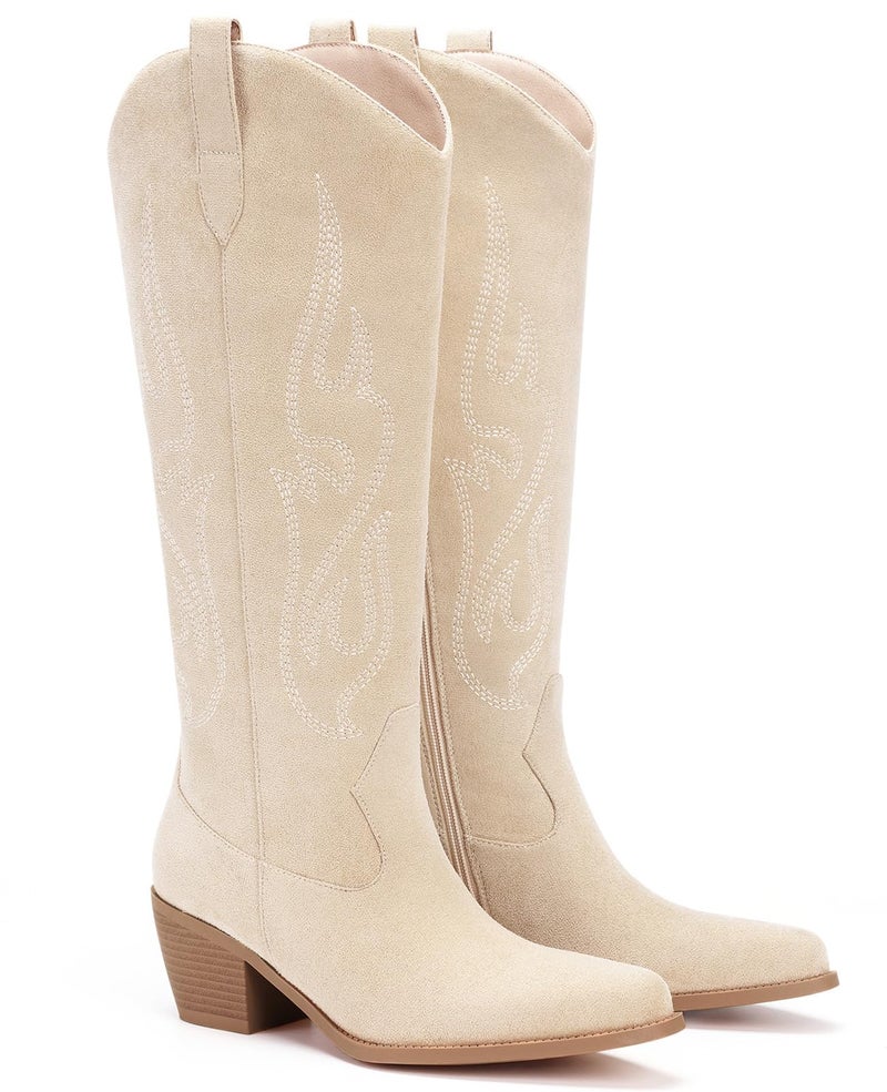 Pasuot Western Cowboy Boots for Women - Knee High Wide Calf Cowgirl Boots, Slip On Pointed Toe Chunky Heel Fashion Retro Classic Pull On Tall Boot for ladies Party concert Beige Suede US 7 - Image 5