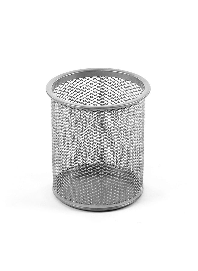 Round Mesh Metal Pen Holder – Silver – Stylish Desk Organizer - Image 1