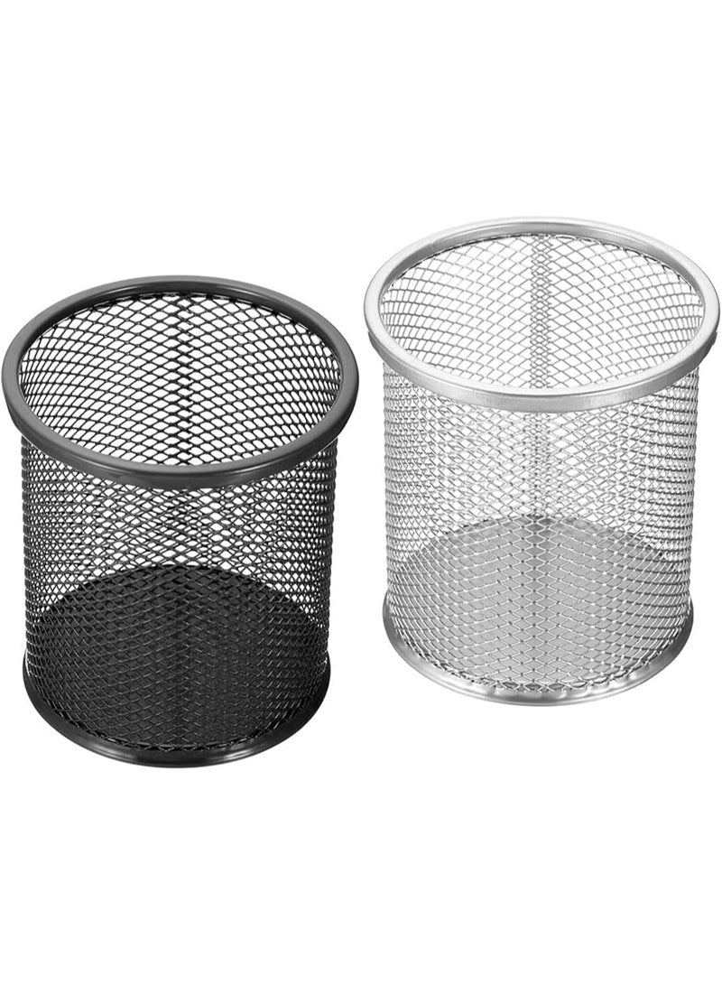 Round Mesh Metal Pen Holder – Silver – Stylish Desk Organizer - Image 2