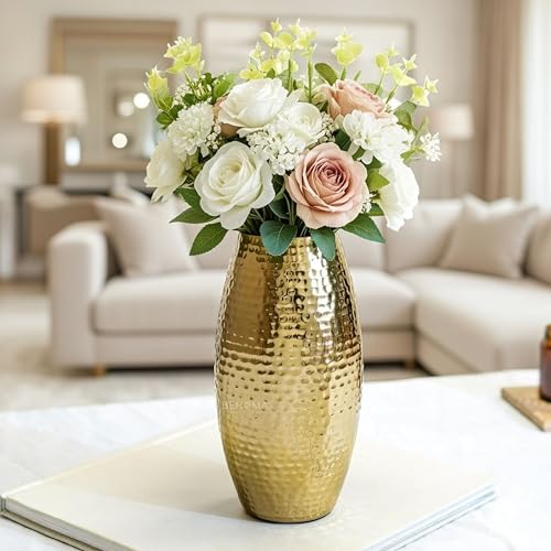 Behoma Metal Hammered Vase for Home Decor Decoratives for Living Room | Best Gift for Birthday Anniversary Valentine's Day Diwali Ganpati Onam |Golden Oblong Shape 1 Large Pcs (Flower not Included) - Image 1