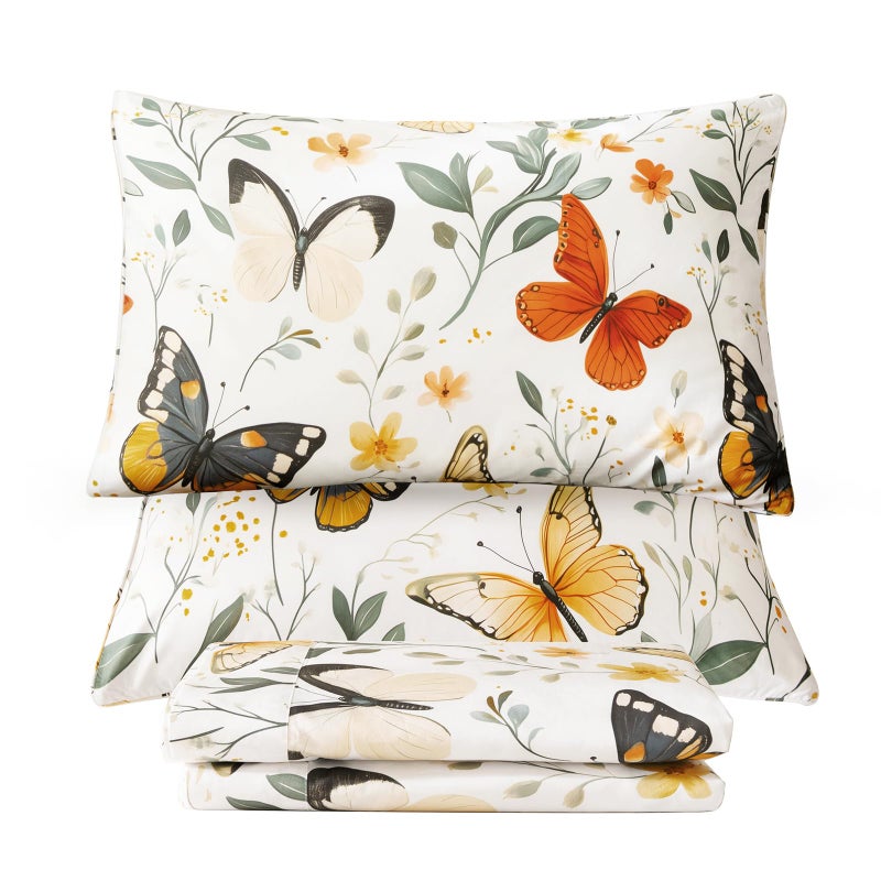 QSH Green Floral Egyptian Cotton Sheets King Size,Rosemary Flowers Butterfly Botanical Pattern Printed Bed Sheet King Aesthetic Extra Soft and Breathable 17.5" Deep Pockets King Bedding Sheets 4PCs - Image 1