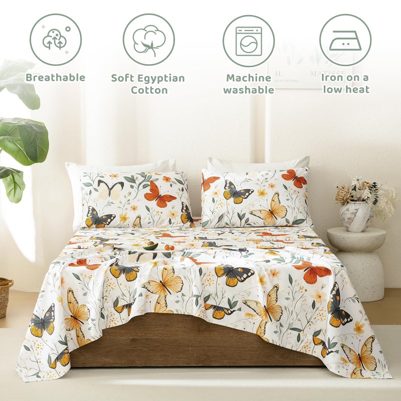 QSH Green Floral Egyptian Cotton Sheets King Size,Rosemary Flowers Butterfly Botanical Pattern Printed Bed Sheet King Aesthetic Extra Soft and Breathable 17.5" Deep Pockets King Bedding Sheets 4PCs - Image 2