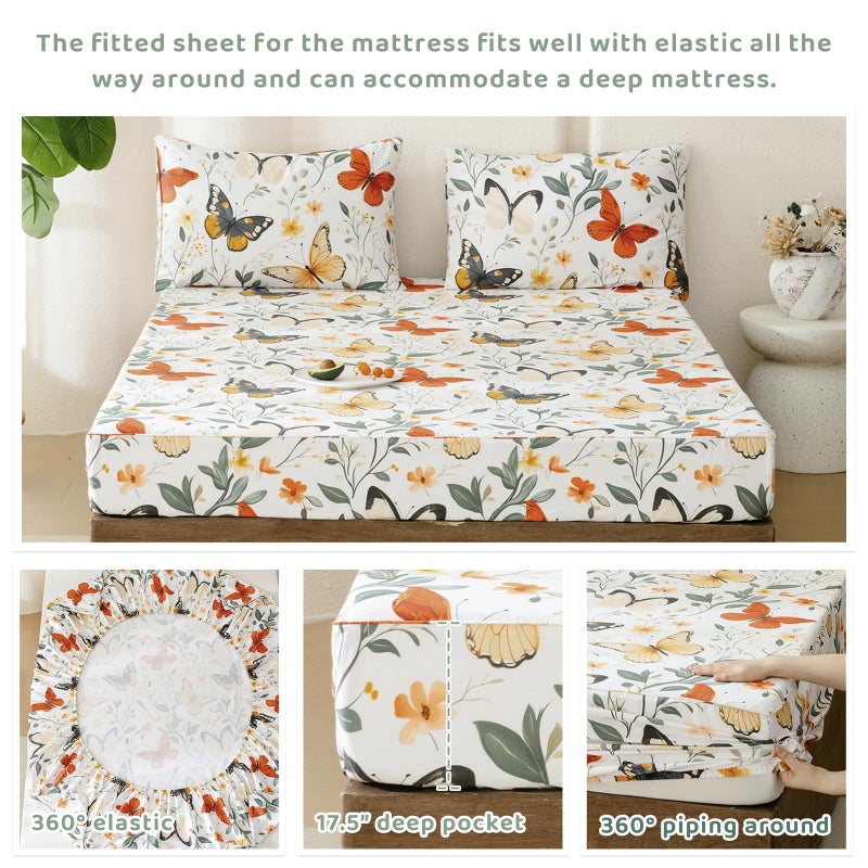 QSH Green Floral Egyptian Cotton Sheets King Size,Rosemary Flowers Butterfly Botanical Pattern Printed Bed Sheet King Aesthetic Extra Soft and Breathable 17.5" Deep Pockets King Bedding Sheets 4PCs - Image 4