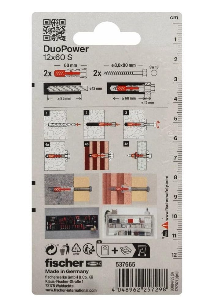 Fischer 537665 Duopower S Plug with Screw, 12 mm Diameter x 60 mm Length - Image 2