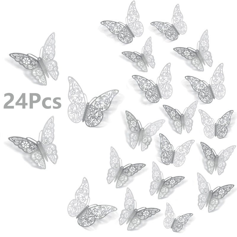 SAOROPEB 3D Butterfly Wall Decor 72Pcs 3 Sizes 3 Styles Removable Butterfly Stickers Butterfly Decorations for Room Decor Party Balloon Addition Cake Decoration Flower Arrangements Silver