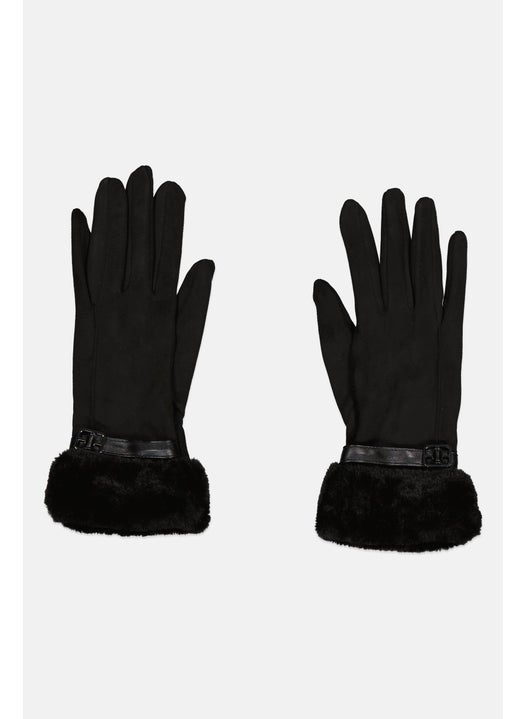 Women 1 Pair Buckle Logo With Fauxfur Cuff Gloves, Assorted
