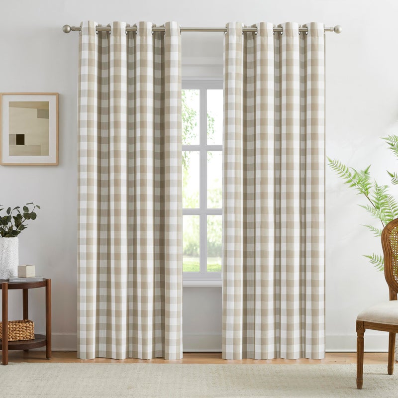 Amzdecor Buffalo Check Plaid Full Blackout Window Curtains 84 Inches Long for Bedroom Noise Reducing Total Room Darkening Grommet Drapes,Vintage Farmhouse Window Treatment,2 Panels,52"x84",Beige/White - Image 1