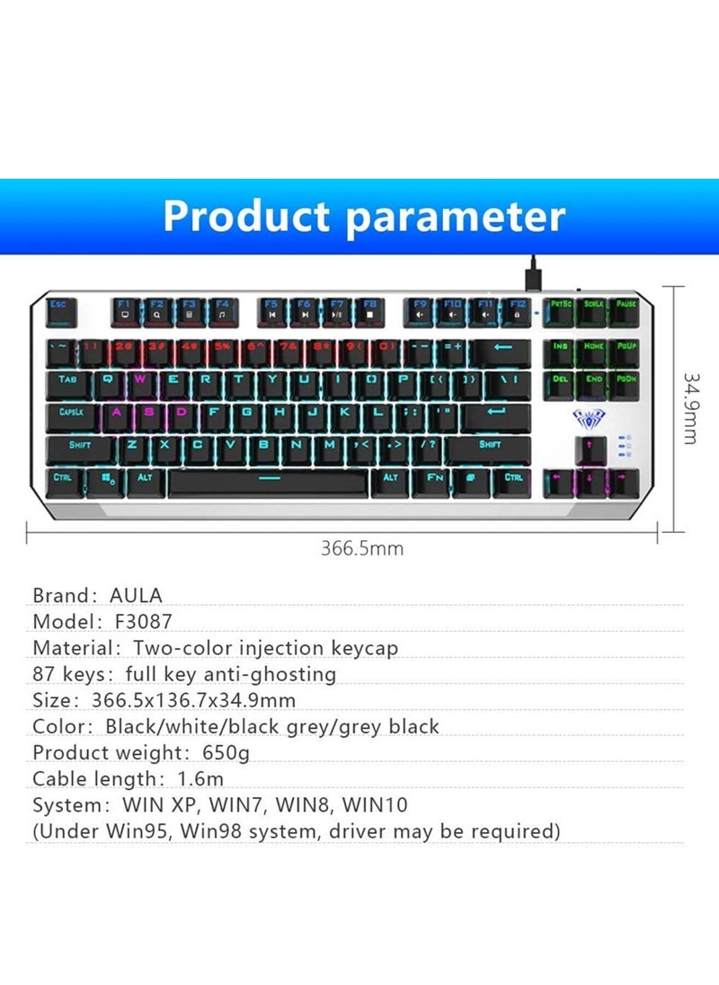 AULA - F3087 Gaming Keyboard – USB Wired TKL  Mechanical Gaming Keyboard - Red Switch – Rainbow backlight – Metal Panel with ABS Keycaps, 87 Keys Ghosting- With Software |  (EN Key ) - Image 1