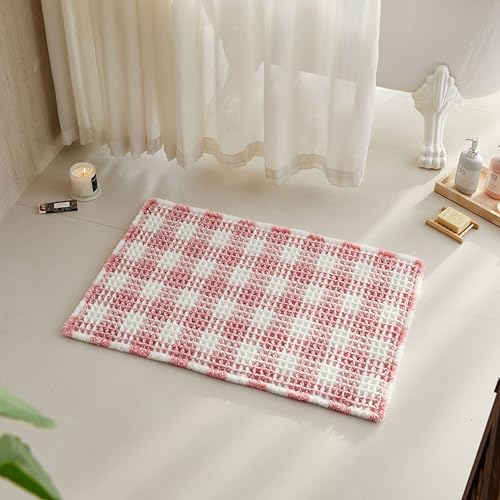 TYUU Waffle Bath Mat, Boho Bathroom Rugs Non Slip Washable Absorbent Checkered Bathroom Mat Quick Dry Cute Bath Mat, 30"x20" Pink and White - Image 1