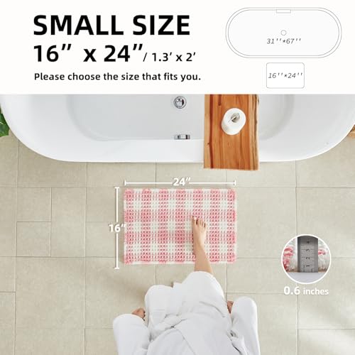 TYUU Waffle Bath Mat, Boho Bathroom Rugs Non Slip Washable Absorbent Checkered Bathroom Mat Quick Dry Cute Bath Mat, 30"x20" Pink and White - Image 2