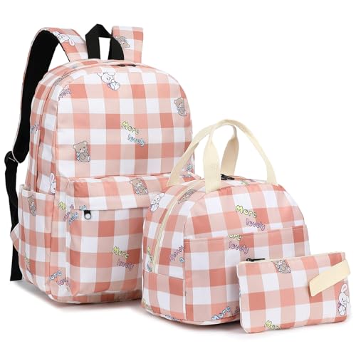 Kouxunt Checkered Girls School Backpacks for Kids Teens 3in1 School Bag Bookbags Set with Lunch Bag Pencil Case Bear Rabbit Pink - Image 1