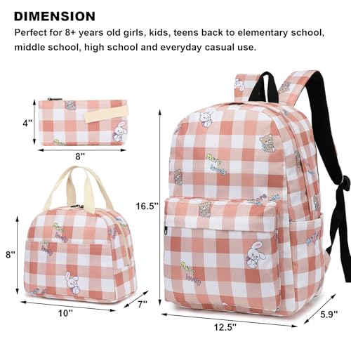 Kouxunt Checkered Girls School Backpacks for Kids Teens 3in1 School Bag Bookbags Set with Lunch Bag Pencil Case Bear Rabbit Pink - Image 3