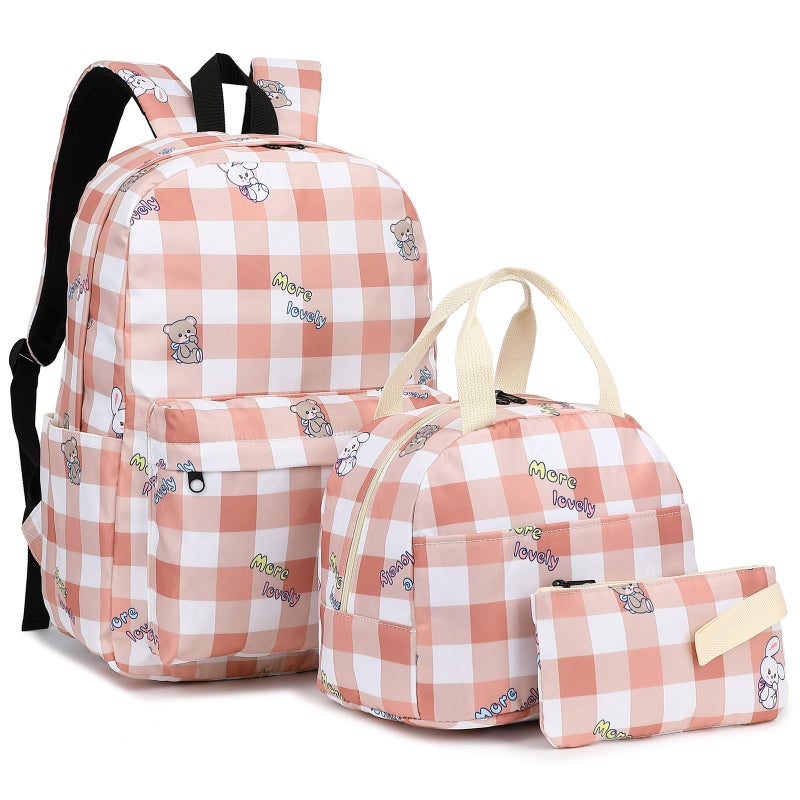 Kouxunt Checkered Girls School Backpacks for Kids Teens 3in1 School Bag Bookbags Set with Lunch Bag Pencil Case Bear Rabbit Pink - Image 2