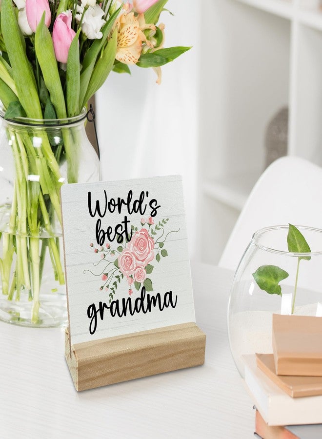 FUGWN Grandma Gifts Desk Decor, Grandmother Gifts Wood Desk Sign, Gifts for Grandma from Grandchildren Grandson, World’s Best Grandma Wooden Plaque with Wood Stand for Home Table Decor - Image 2