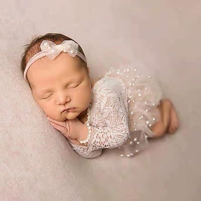 SPOKKI SPOKKI 5 Pcs Newborn Baby Cute Pearl Lace Rompers Photography Props with Tutu Skirt Pearl Headband Bracelet, White  - Image 1