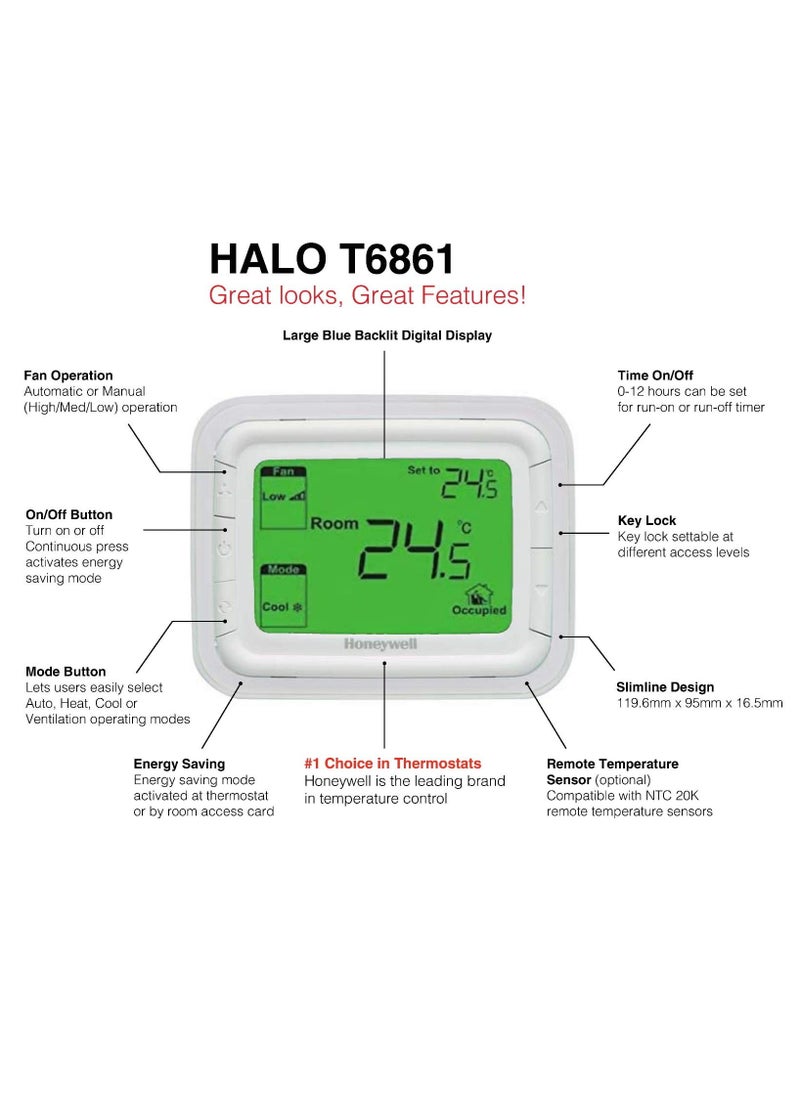 Honeywell Home T6861H2WG fancoil On/Off thermostat, with remote sensor and remote setback inputs