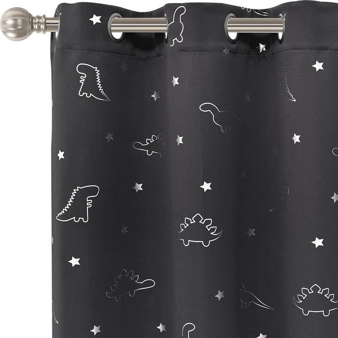 DINOSAUR AND STAR FOIL PRINT BLACKOUT CURTAINS FOR KIDS ROOM THERMAL INSULATED CURTAINS NOISE REDUCING WINDOW DRAPES FOR BOYS AND GIRLS BEDROOM 42 X 63 INCH GREY SET OF 2 PANELS