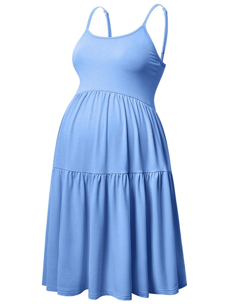 GINKANA Maternity Casual Sleeveless Dress Adjustable Spaghetti Straps for Pregnant Women Summer Ruffle Cami DressBlueM