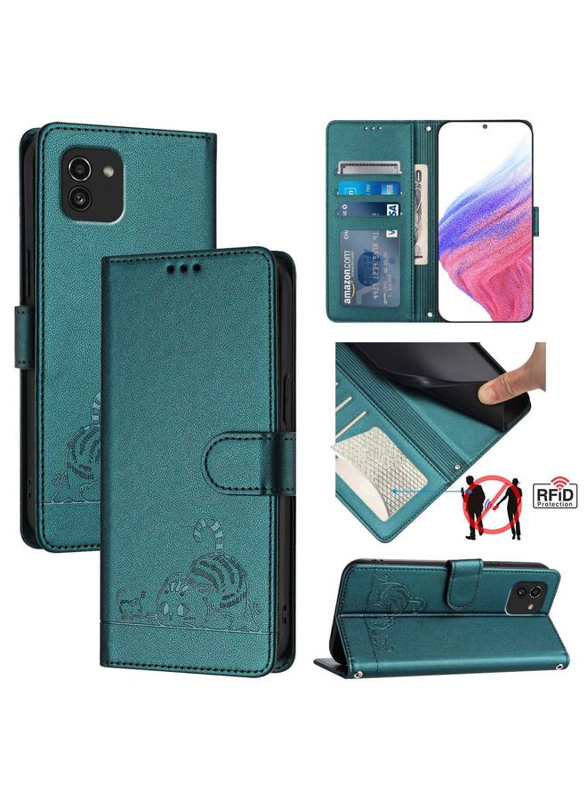 اس-توب جراب لهاتف Samsung Galaxy A03 مقاس 166 مم من الجلد المنقوش بنمط قطة وفأر بتقنية RFID مع حبل تعليق - Image 1