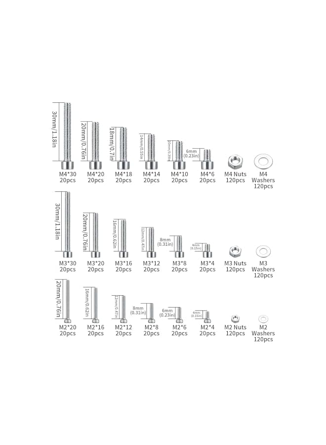 PROMASS طقم براغي وصواميل وصمامات من الفولاذ المقاوم للصدأ 1080 قطعة M4 M3 M2 مع غسالات مسطحة وقفل، مجموعة براغي وصواميل مترية دقيقة، مع 3 قطع مفاتيح سداسية مجانية، صندوق أدوات متضمن - Image 3