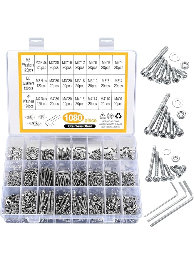 PROMASS طقم براغي وصواميل وصمامات من الفولاذ المقاوم للصدأ 1080 قطعة M4 M3 M2 مع غسالات مسطحة وقفل، مجموعة براغي وصواميل مترية دقيقة، مع 3 قطع مفاتيح سداسية مجانية، صندوق أدوات متضمن - Image 1