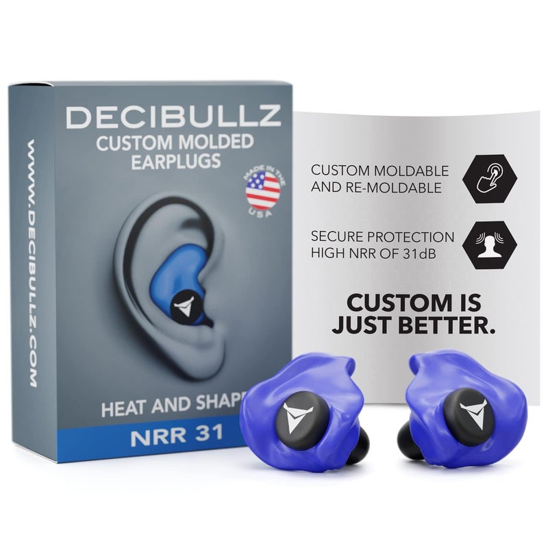 Decibullz Custom Molded Earplugs 31dB Highest NRR Comfortable Hearing Protection for Shooting Travel Swimming Work and Concerts Blue