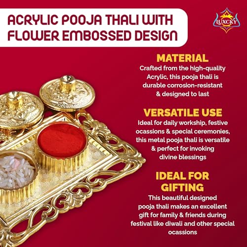 LUXCKY Golden Decorative Designer Roli Chawal/Rice Holder, Kumkum Haldi Holder Rakhi Pooja Thali Indian Festival Diwali Pujan Mandir Tika Roli Plate (Rectangle Shape) - Image 2
