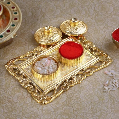 LUXCKY Golden Decorative Designer Roli Chawal/Rice Holder, Kumkum Haldi Holder Rakhi Pooja Thali Indian Festival Diwali Pujan Mandir Tika Roli Plate (Rectangle Shape) - Image 1