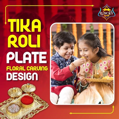 LUXCKY Golden Decorative Designer Roli Chawal/Rice Holder, Kumkum Haldi Holder Rakhi Pooja Thali Indian Festival Diwali Pujan Mandir Tika Roli Plate (Rectangle Shape) - Image 3