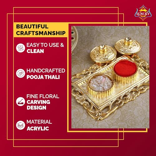 LUXCKY Golden Decorative Designer Roli Chawal/Rice Holder, Kumkum Haldi Holder Rakhi Pooja Thali Indian Festival Diwali Pujan Mandir Tika Roli Plate (Rectangle Shape) - Image 5