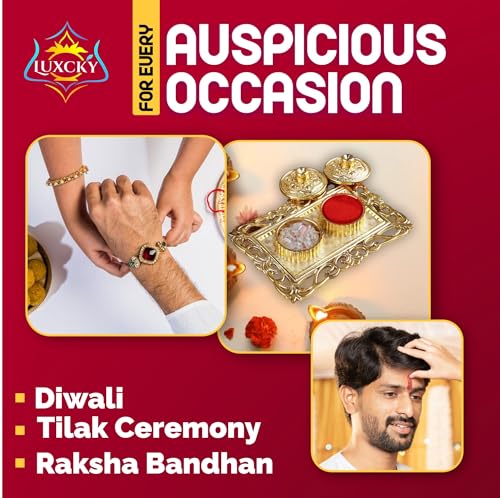 LUXCKY Golden Decorative Designer Roli Chawal/Rice Holder, Kumkum Haldi Holder Rakhi Pooja Thali Indian Festival Diwali Pujan Mandir Tika Roli Plate (Rectangle Shape) - Image 4