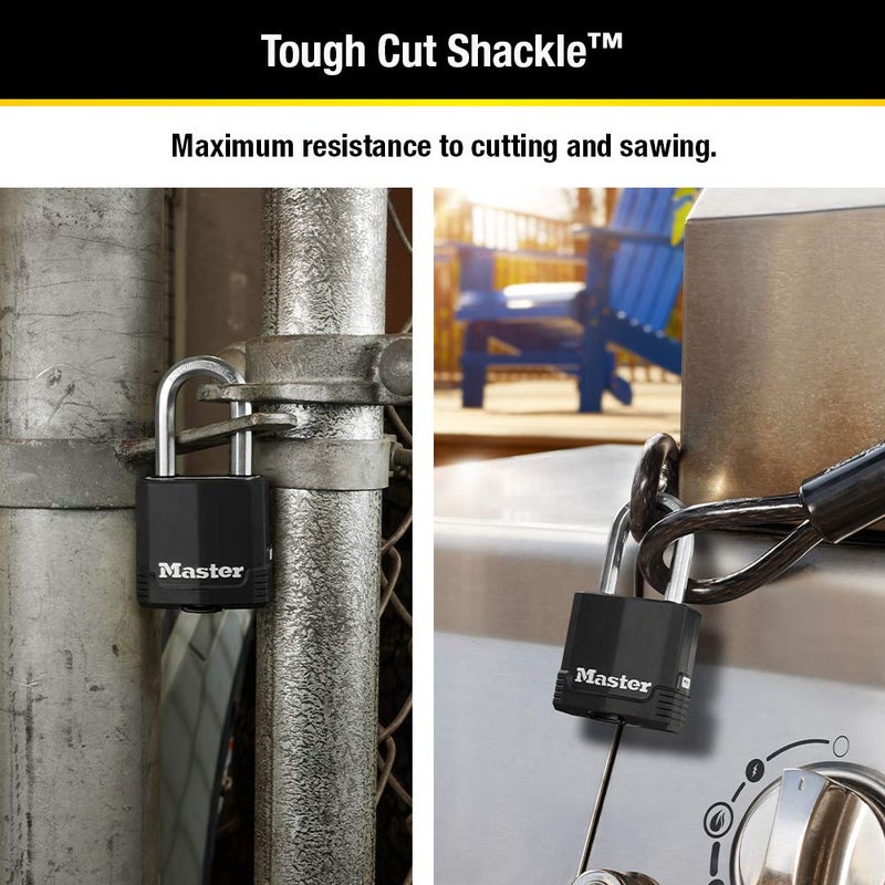 Master Lock Black Outdoor Key Lock, Heavy Duty Weather Resistant Padlock with Cover, Keyed Alike Padlocks for Outdoor Use, 4 Pack, M115XQLF - Image 3