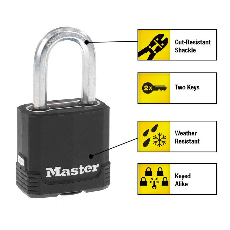 Master Lock Black Outdoor Key Lock, Heavy Duty Weather Resistant Padlock with Cover, Keyed Alike Padlocks for Outdoor Use, 4 Pack, M115XQLF - Image 2