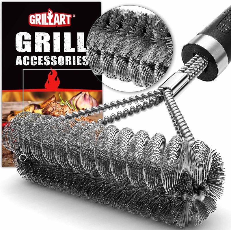 GRILLART فرشاة شواء خالية من الشعيرات ومدمجة مع الأسلاك - فرشاة تنظيف شواء آمنة وفعالة - فرشاة تنظيف شواء بطول 17 بوصة لشبكات الغاز/البورسلين/الشواء - إكسسوارات شواء هدايا للرجال - Image 1