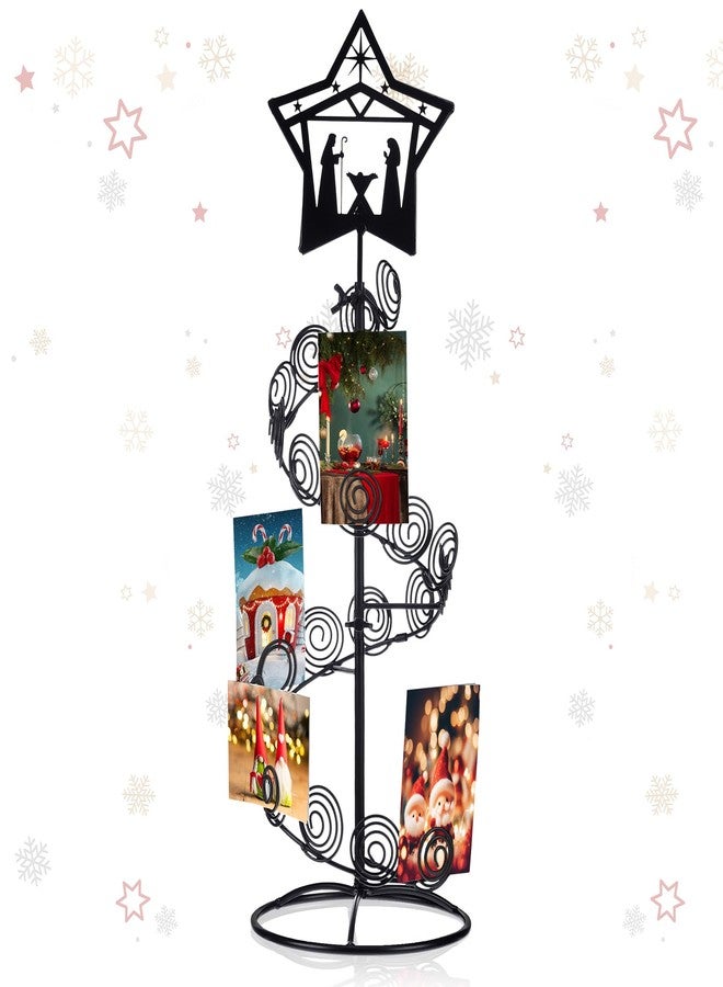 Cinnvoice Metal Christmas Card Holder Spiral Xmas Tree Gift Card Photo Picture Holder Stand with Nativity Star Topper Tabletop Display Decorative for Christmas Holiday Decor(Black,Elegant Style - Image 1