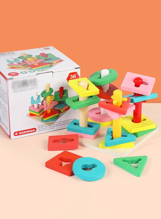 JSAITOYS Multi-Shape Colorful Stacking Columns Toddler Toy | Safe Wooden, Hand-Eye Coordination Training - Image 1