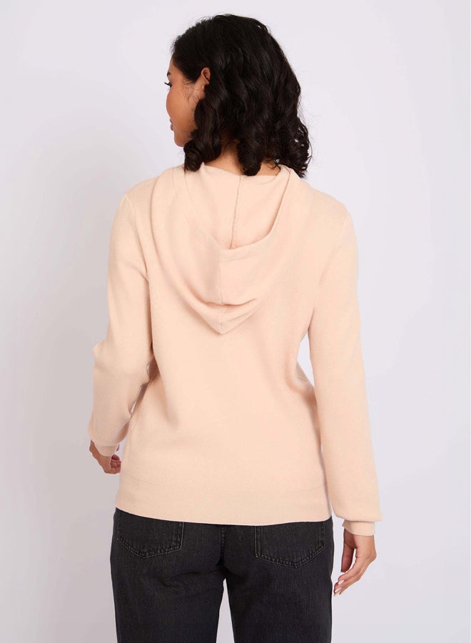 Premoda Women Pullover Flat Knit Hoodie Beige  - Image 4