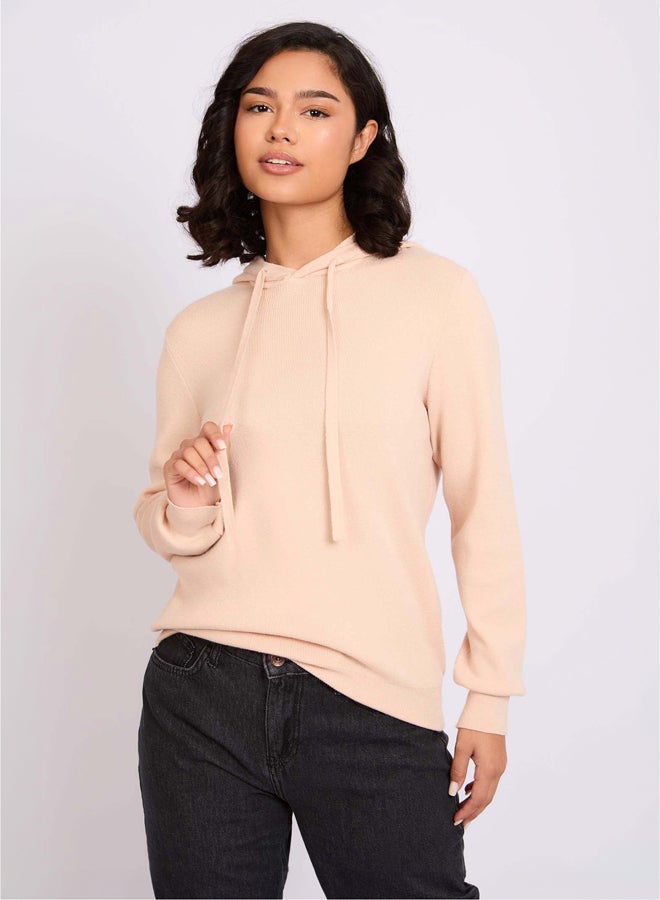 Premoda Women Pullover Flat Knit Hoodie Beige  - Image 2