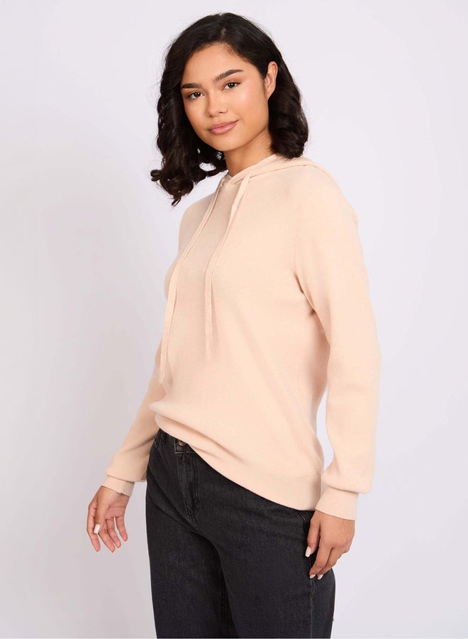 Premoda Women Pullover Flat Knit Hoodie Beige  - Image 3