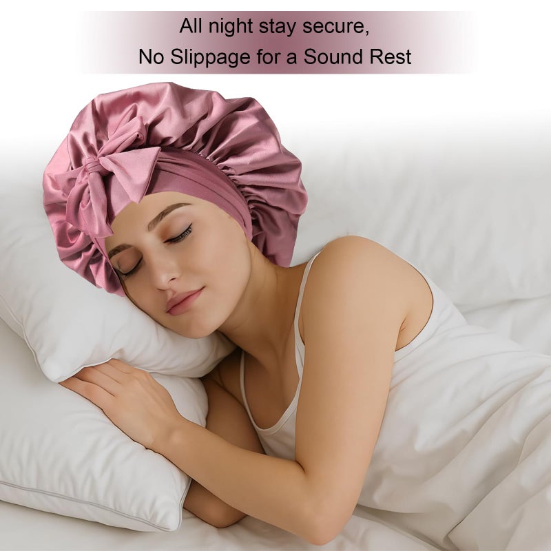 Confvrter Silk Bonnet for Women, Satin Bonnet for Sleeping, Large Sleep Cap with Elastic Tie Band for Curly Hair (Bean Paste Pink) - Image 2