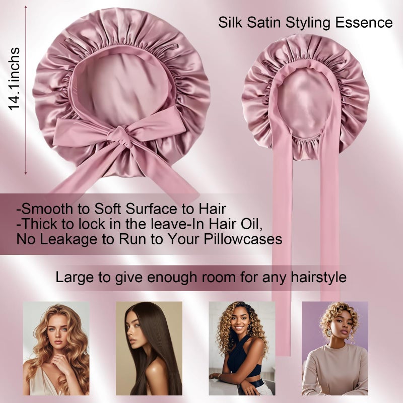 Confvrter Silk Bonnet for Women, Satin Bonnet for Sleeping, Large Sleep Cap with Elastic Tie Band for Curly Hair (Bean Paste Pink) - Image 4