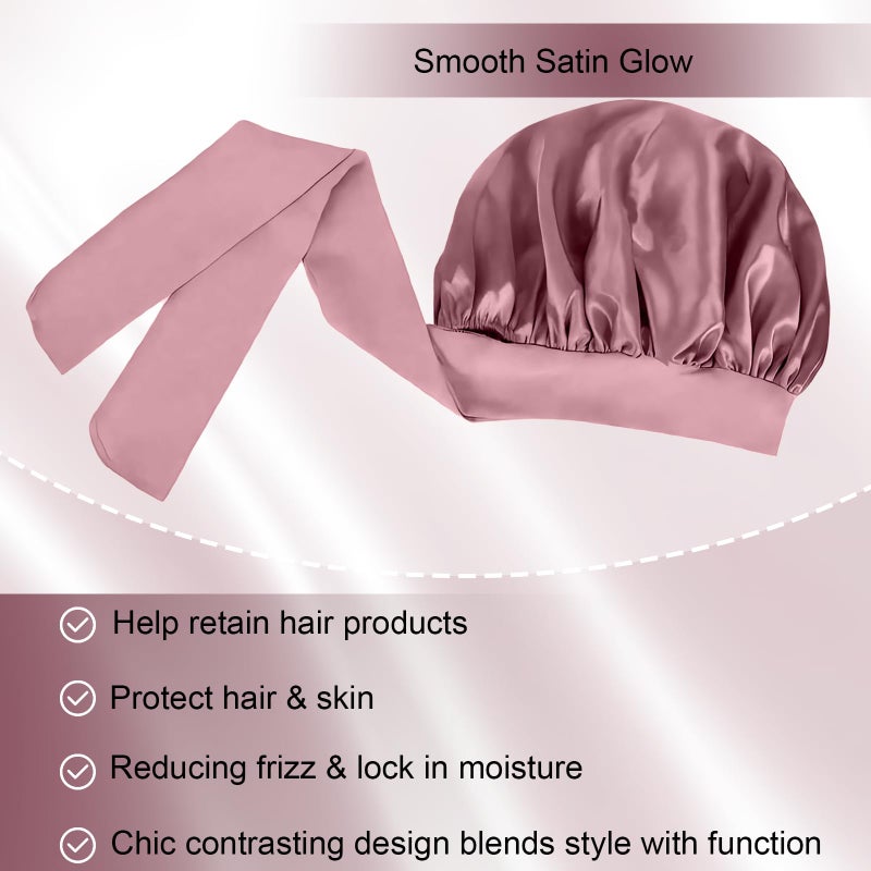 Confvrter Silk Bonnet for Women, Satin Bonnet for Sleeping, Large Sleep Cap with Elastic Tie Band for Curly Hair (Bean Paste Pink) - Image 3