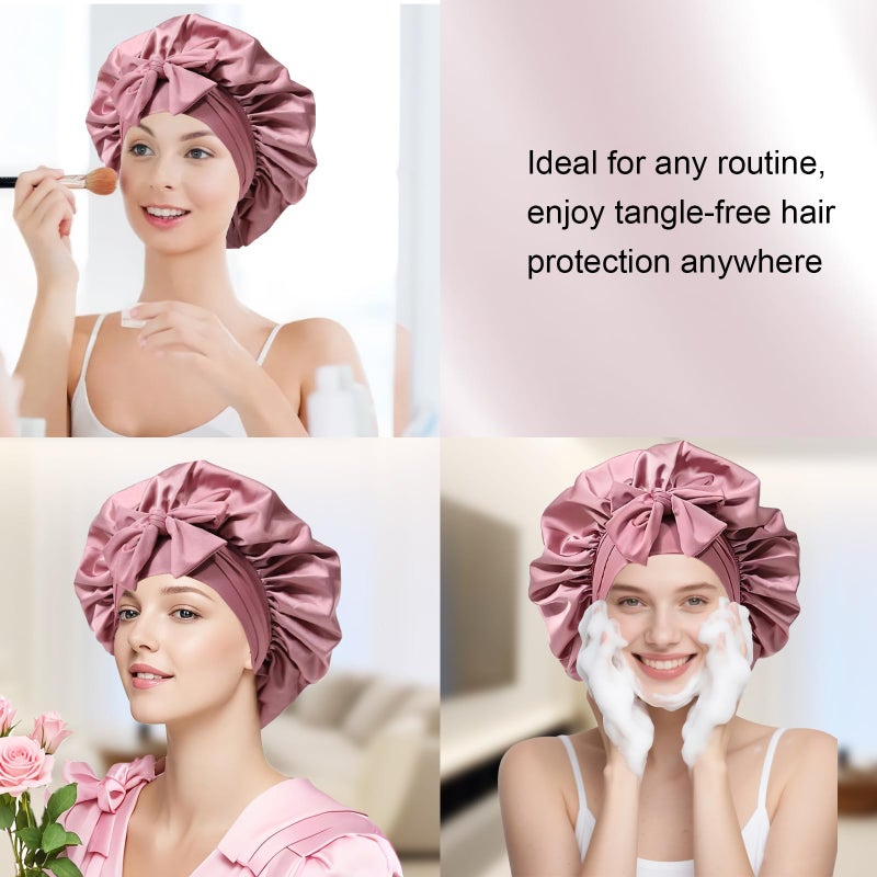 Confvrter Silk Bonnet for Women, Satin Bonnet for Sleeping, Large Sleep Cap with Elastic Tie Band for Curly Hair (Bean Paste Pink) - Image 5
