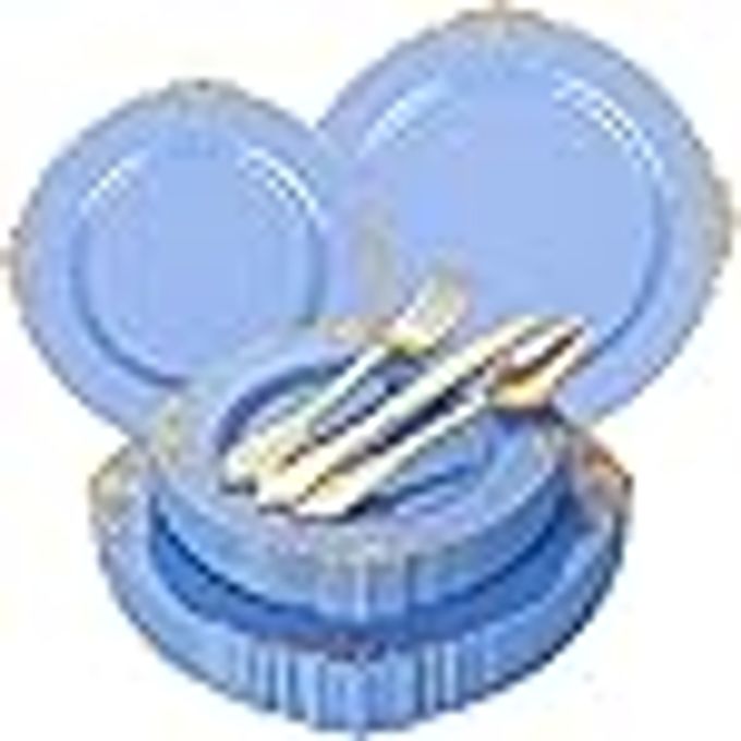 125PCS BLUE AND GOLD PLASTIC PLATES AIRY BLUE DISPOSABLE PLATE GORGEOUS PLATES WITH GOLD PLASTIC SILVERWARE SETS FOR 25 GUESTS FOR PARTY WEDDING SPRING