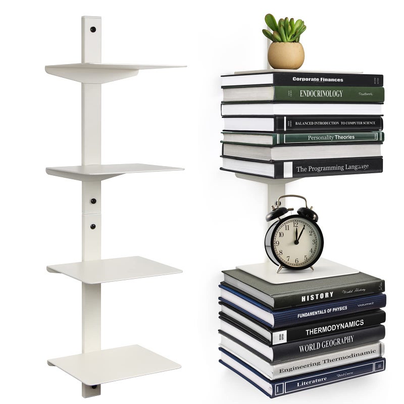 ART-GIFTREE Floating Book Shelves for Wall, 4 Tier Invisible Floating Bookshelf, Vertical Spine Book Tower, Wall Mounted & Space Saving, Heavy Duty Metal Book Organizer for Home Office, 2 Pack White - Image 1