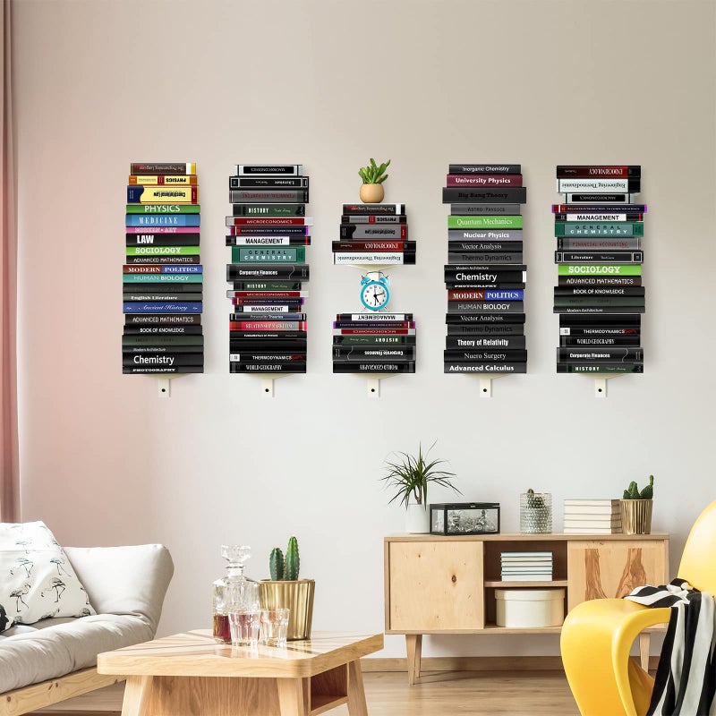 ART-GIFTREE Floating Book Shelves for Wall, 4 Tier Invisible Floating Bookshelf, Vertical Spine Book Tower, Wall Mounted & Space Saving, Heavy Duty Metal Book Organizer for Home Office, 2 Pack White - Image 3