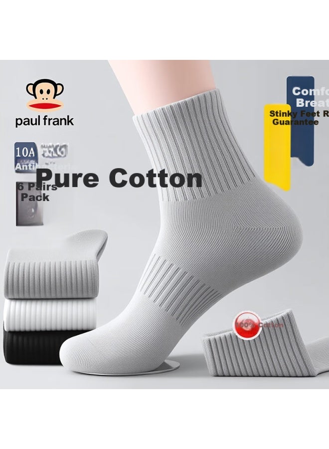 Paul Frank 100% Cotton Men's Mid-calf Summer Sports Socks, Antibacterial, Odor-resistant, Sweat-absorbing And Breathable, 6 Pairs Gift Box - Image 1